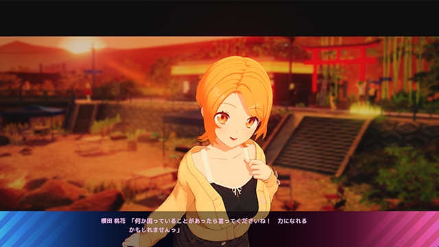 夕暮れの神社前で話す女の子