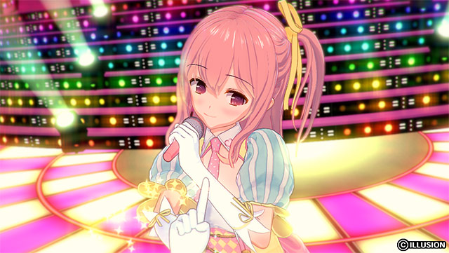 ステージでマイクを持つピンク髪の女の子