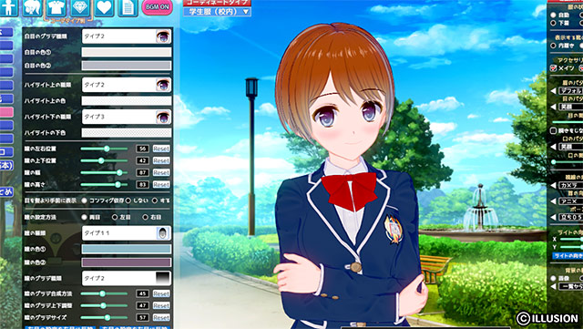 キャラメイクで瞳とハイライトを調整する制服の女の子