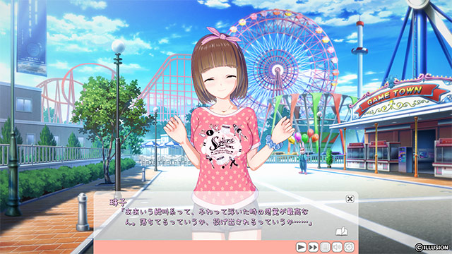 観覧車のある遊園地でピンクの服の女の子が話す
