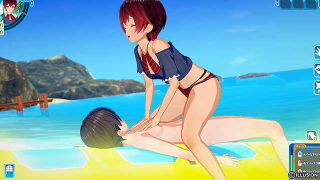 海のバナナボートの上で女の子が跨る