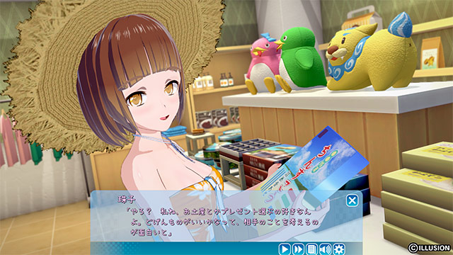 店でお土産の話をする麦わら帽子の女の子